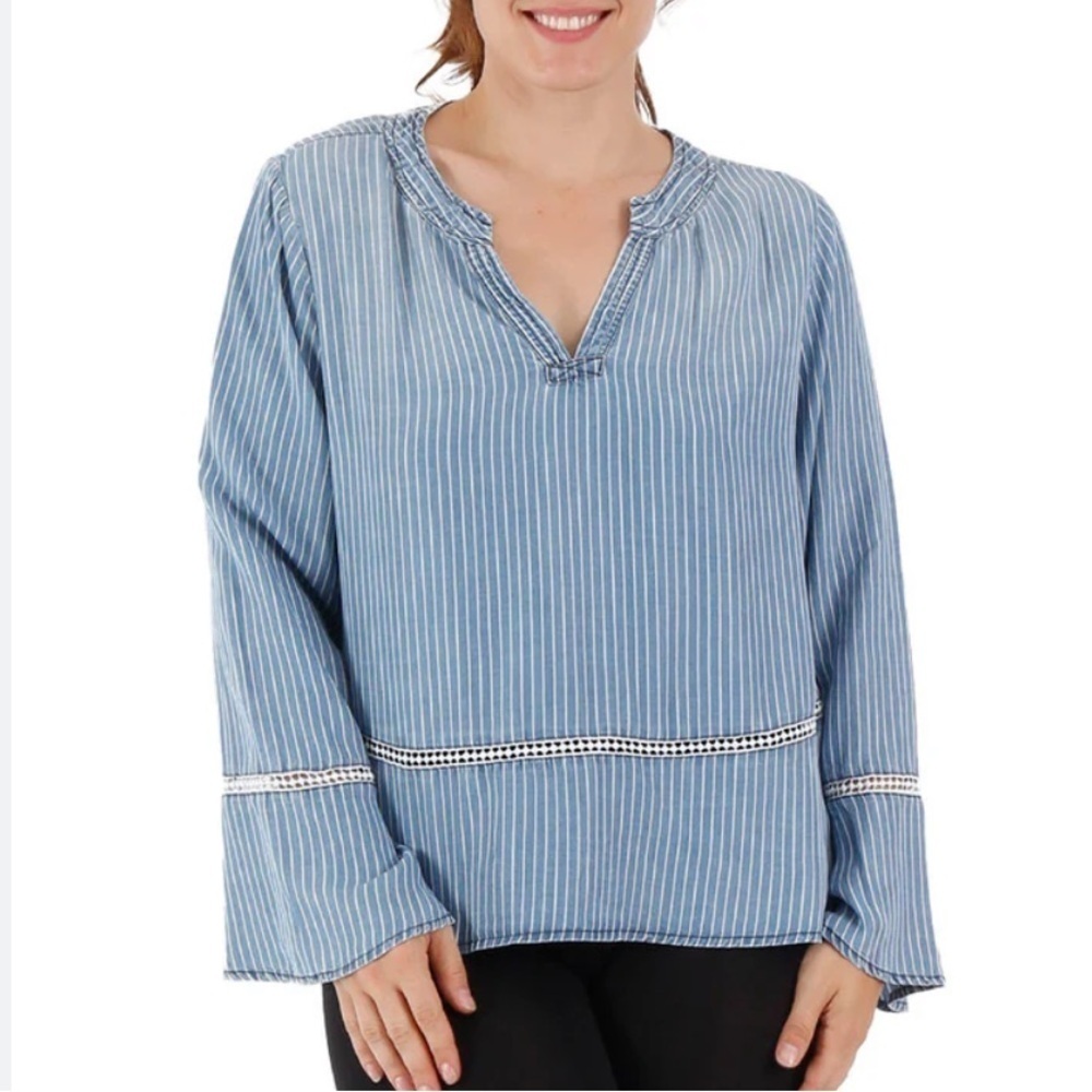 Fourteenth Place Blue White Pinstriped Lyocell V-neck Bell Sleeve Blouse XL